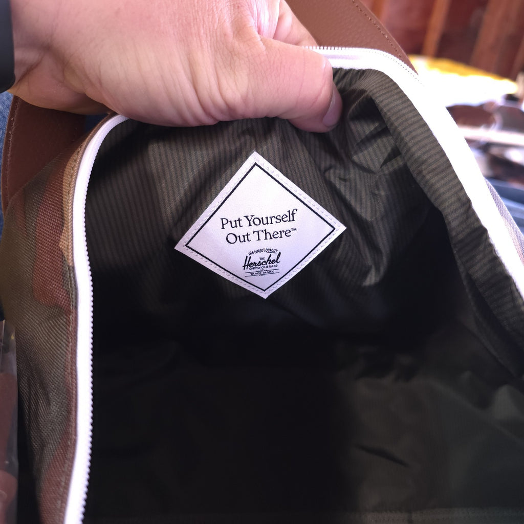 Herschel Novel Duffle Woodland Camo FAUX Leather and Shoulder Strap - DAD DENIM