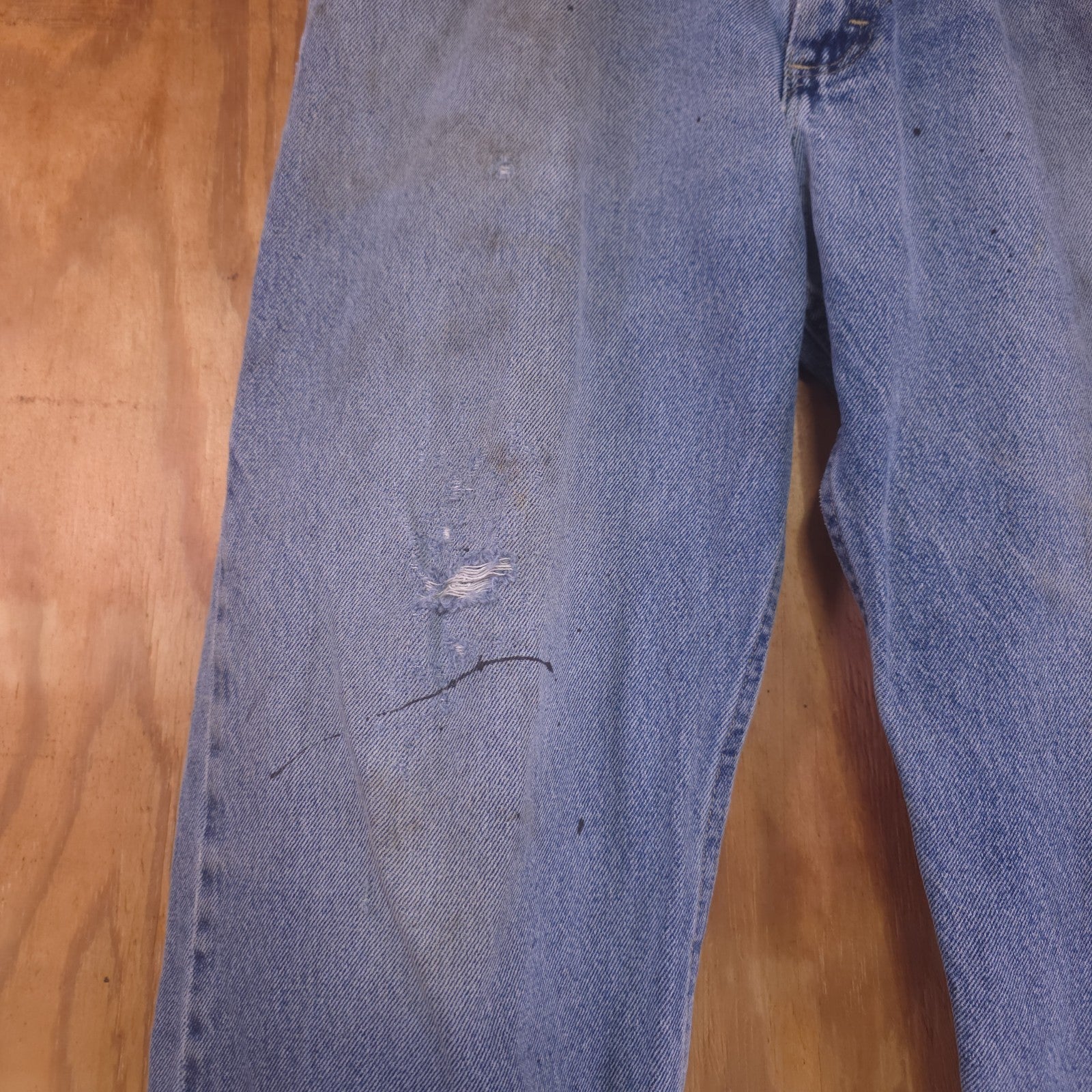 Destroyed Wrangler Blue Jeans Men’s 36x30 Vintage Distressed Denim - DAD DENIM