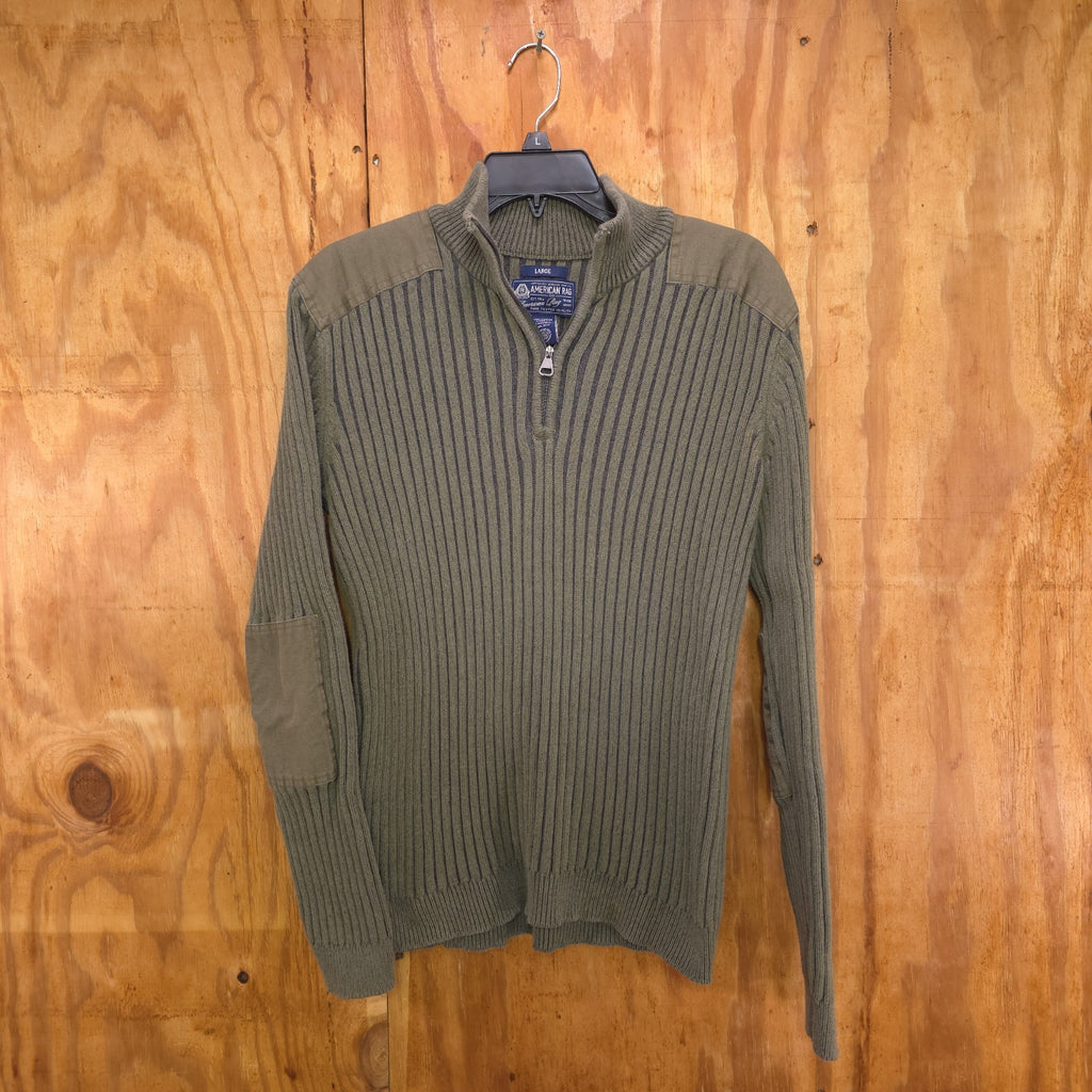 Men's L Olive Green Military Style Sweater 1/4 Zip 100% Cotton - DAD DENIM