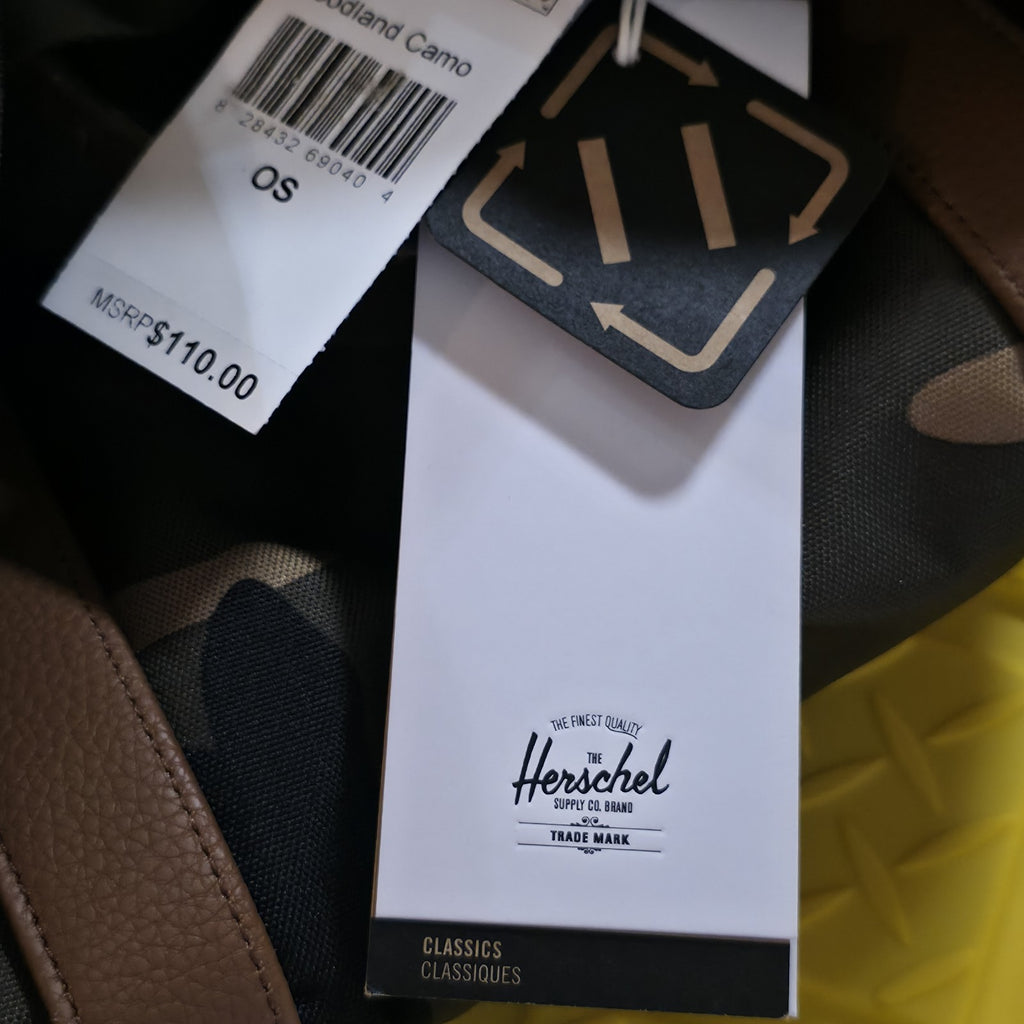 Herschel Novel Duffle Woodland Camo FAUX Leather and Shoulder Strap - DAD DENIM