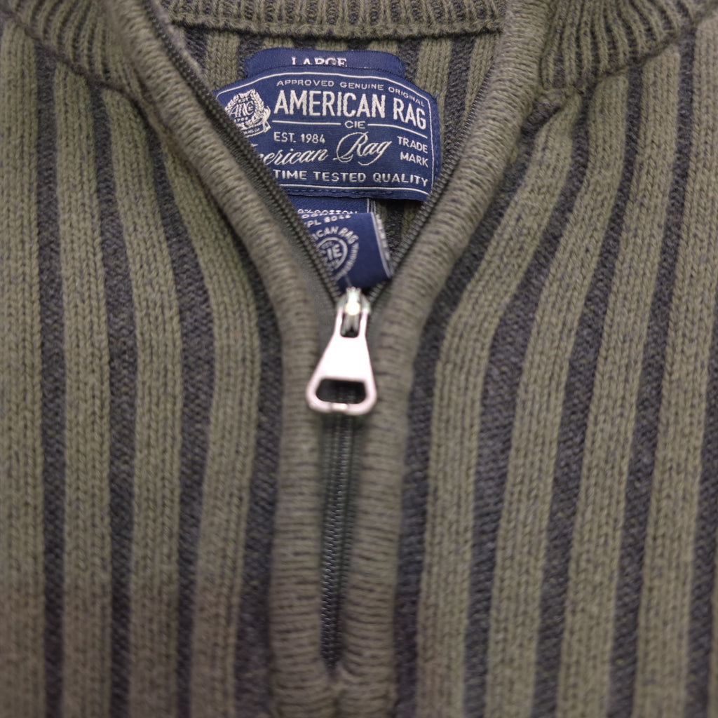 Men's L Olive Green Military Style Sweater 1/4 Zip 100% Cotton - DAD DENIM