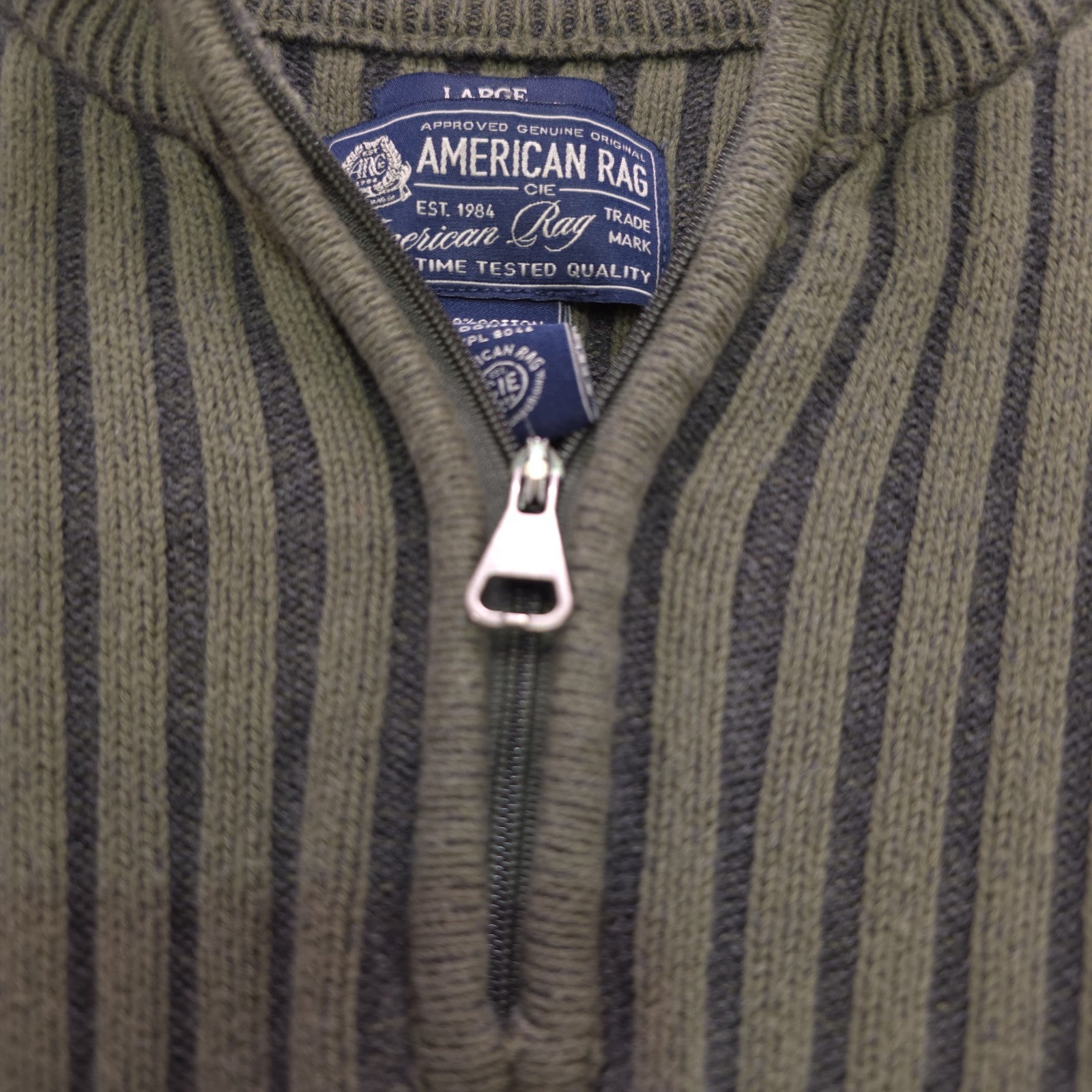 Men's L Olive Green Military Style Sweater 1/4 Zip 100% Cotton - DAD DENIM