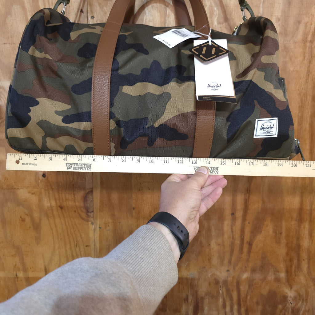 Herschel Novel Duffle Woodland Camo FAUX Leather and Shoulder Strap - DAD DENIM