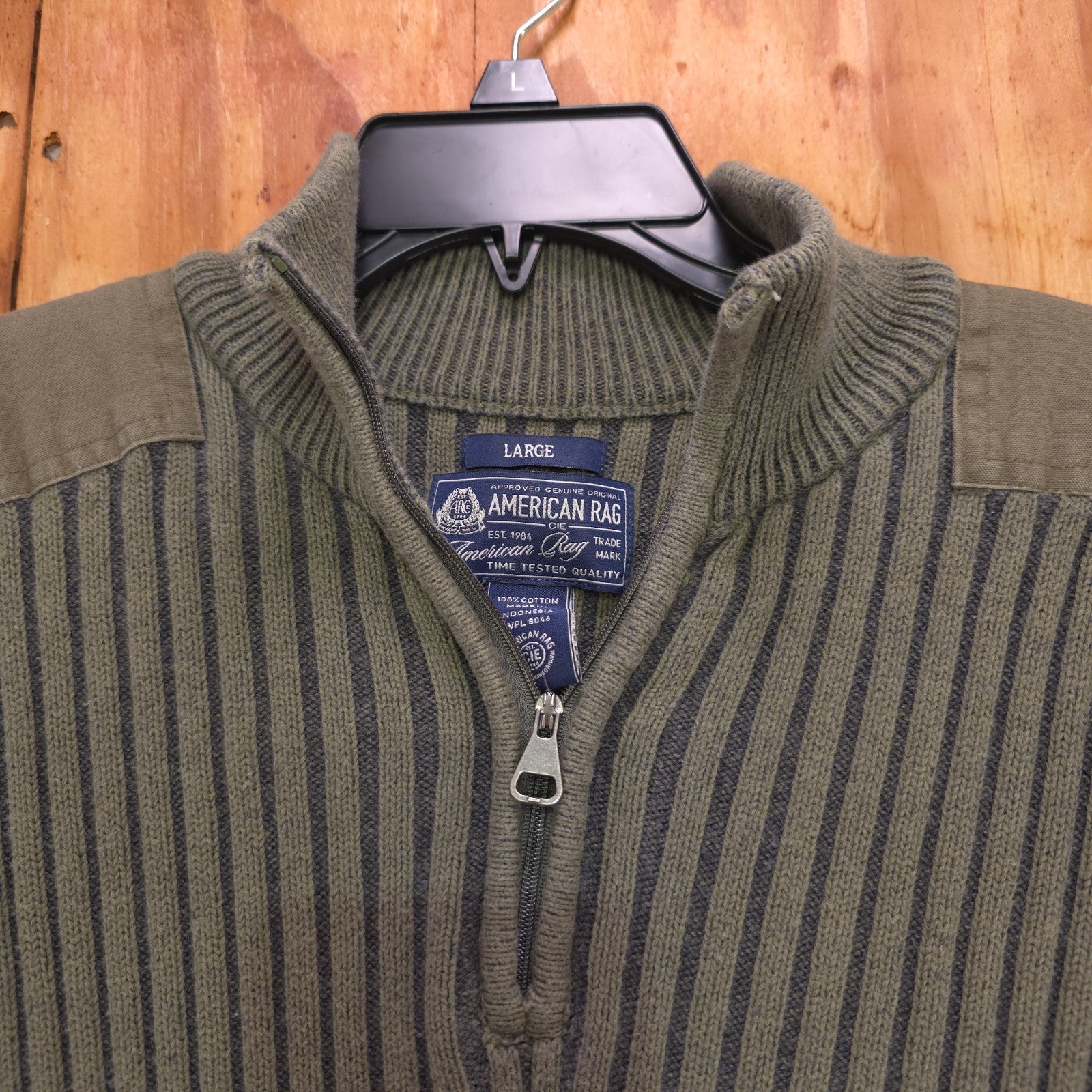 Men's L Olive Green Military Style Sweater 1/4 Zip 100% Cotton - DAD DENIM