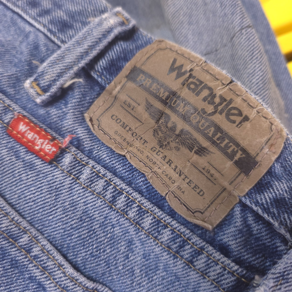 Destroyed Wrangler Blue Jeans Men’s 36x30 Vintage Distressed Denim - DAD DENIM