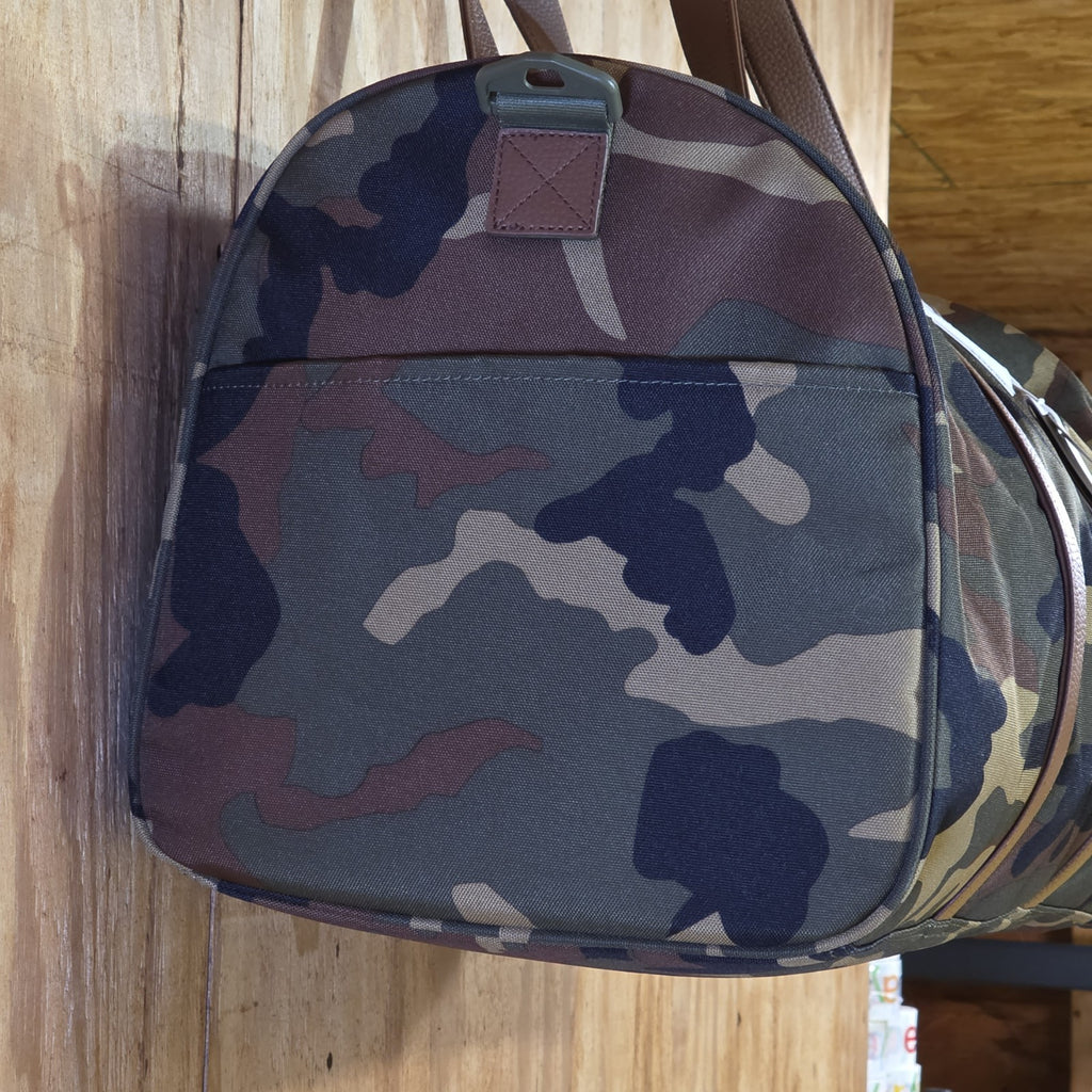 Herschel Novel Duffle Woodland Camo FAUX Leather and Shoulder Strap - DAD DENIM